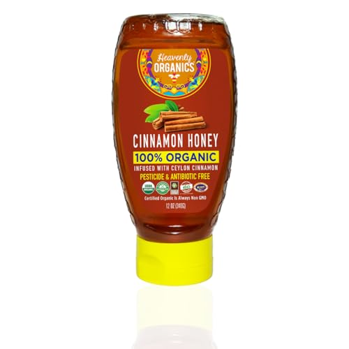 Heavenly Organics Cinnamon Infused Honey, 100% Organic | Raw Honey with Ceylon Cinnamon | Unheated, Lightly Filtered | Smooth Spiced Natural Sweetener | Fair Trade, Glyphosate Free, Kosher | 12 oz Squeeze