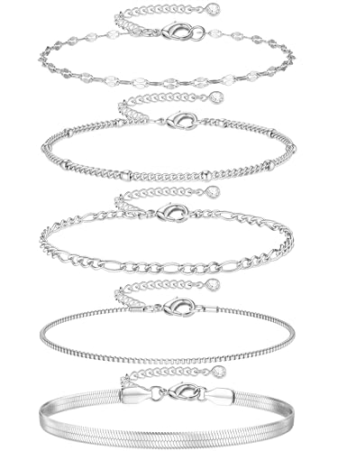 Dochais 5 Pieces Silver Bracelets for Women 14K Gold Plated Bracelet Set Stacking Adjustable Snake Herringbone Chain Bracelets for Women Girls Jewellery Gifts Style B