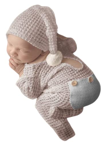 Vedory Fashion Newborn Boys Girls Baby Photo Shoot Props Outfits Crochet Clothes Long Tail Hat Pants Photography Props (light grey)