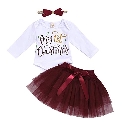 Newborn Infant Baby Girls Christmas Outfits My First Christmas Romper Tops Tutu Skirt Headband Set 0-24M (6-12M, White+Purple)