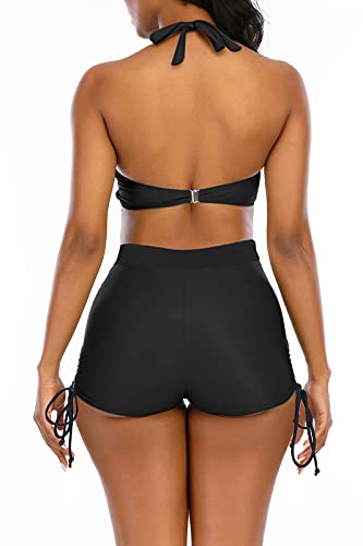 Womens High Waisted Swimsuits with Boy Shorts Brazilian Triangle Top Stripes Halter Bikini Two Piece Bathing Suits2