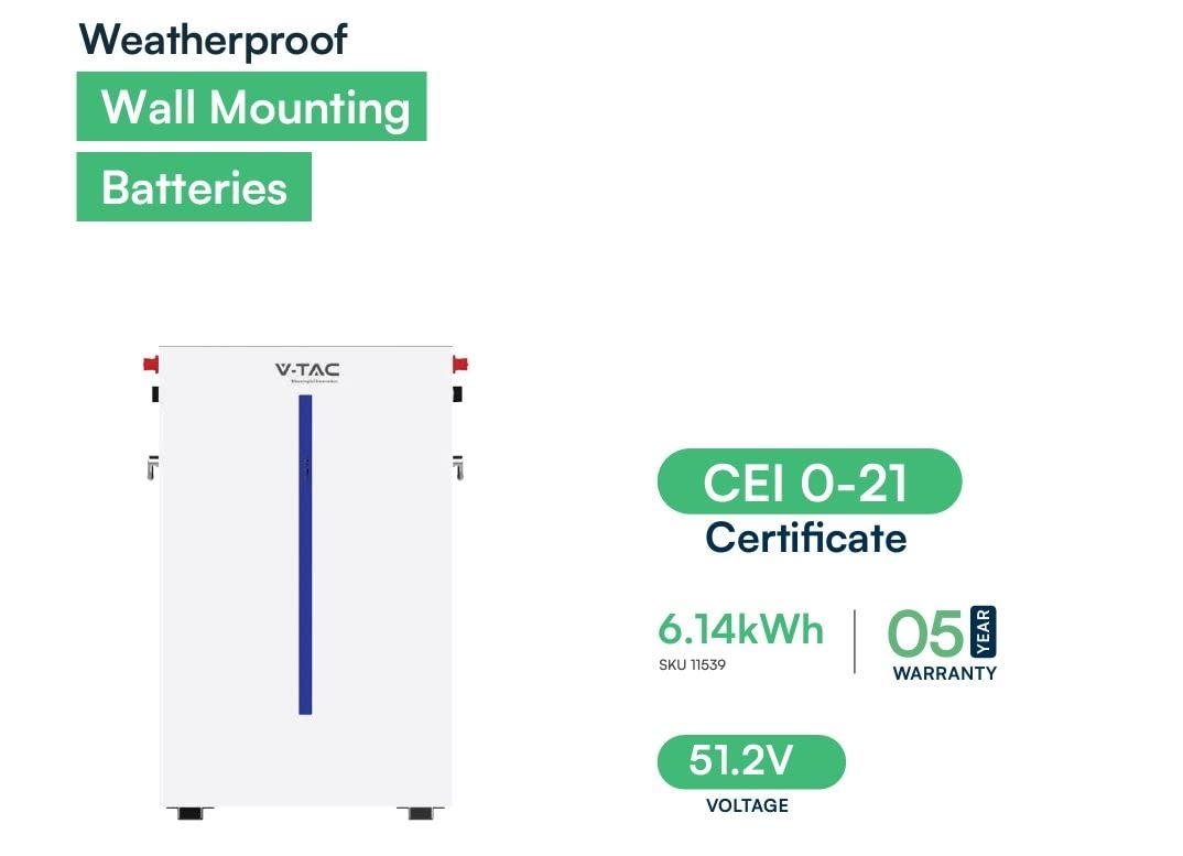 V-TAC batteria litio LFP DEYE accumulo impianto fotovoltaico 6.14Kwh 51.2V BMS integrato CEI-021 sku 11539