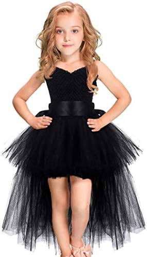 HJTT Tutu Dress for Girls Black Train V-Neck Tulle Evening Wedding Birthday Party Dresses Kids Ball Gown (Black, 5-6 Years)