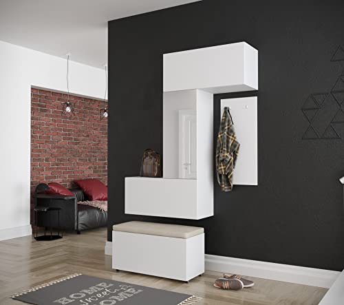 Furnitech GF71 Flur Dielenmöbel Garderobenschrank Dielenschrank Schuhschrank Flurmöbel Set Spiegel Matt (GF71-21W-M2)