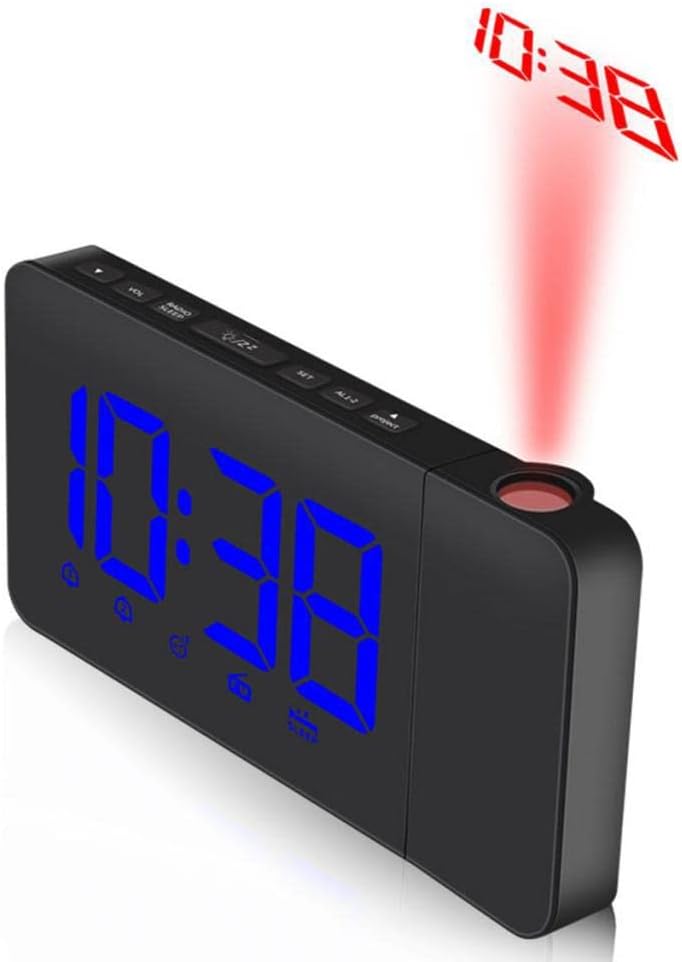 Angled view of the alarm clock showing the time 10:38 projected in red onto a surface.