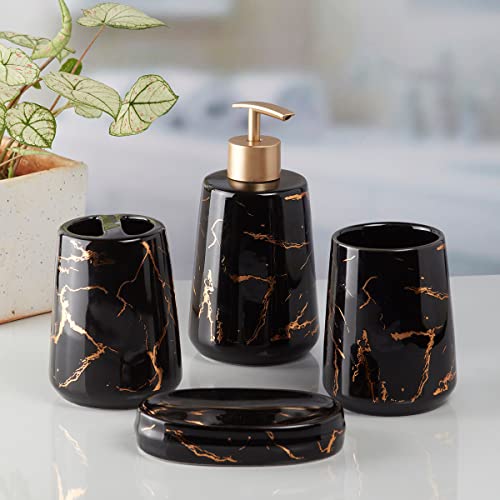 Image of Kookee Ceramic Bathroom Set - Stylish 4 Piece Bath Accessories Kit with Soap Dispenser, Toothbrush Holder, Tumbler & Soap Dish - Modern & Designer Decor for Home & Guest Bathrooms, Black /Gold (9747)