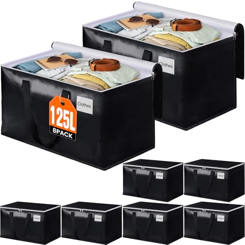 BlissTotes Moving Bags, Heavy Duty Moving Boxes with Zippers Top and Sturdy Handles, Storage Bags for Space Saving and Packing, Collapsible Moving Supplies, Storage Totes (125L, 8-Pack, Black)