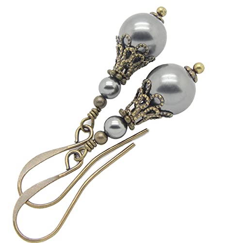 Handmade Dark Gray Manmade Simulated Pearl Earrings in the Victorian Style