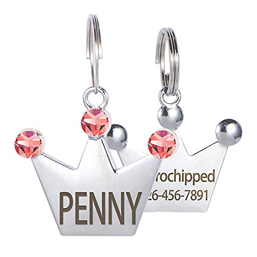 Personalized Pet ID Tag Glitter Crown Custom Crystal Luxury Cat Tag Stainless Steel Laser Engrave Pink Blue White (Pink)