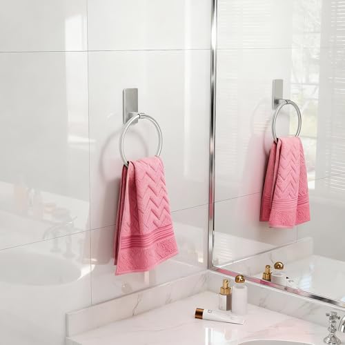Image of STWWO Brushed Nickel Towel Ring, Hand Towel Holder for Bathroom, Self Adhesive Hand Towel Rings for Bath, Kitchen, RV, No Drill Hole