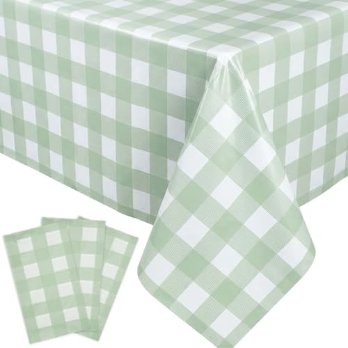 Image of Oigco 3 Pack Sage Green Gingham Tablecloth 54 x 108 Inches, Rectangle Disposable Sage Green Checkered Tablecloth, Picnic Table Cover for Outdoor, Camping, Birthday Decorations