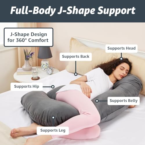 Image of Amazon Basics Full Body Pregnancy Pillow for Maternity,Baby Nursing,Full Body Support-|Perfect Baby Shower Gift|J-Shaped-Washable Cover with Zip - Grey, Velvet (EVAB JS PP GY)