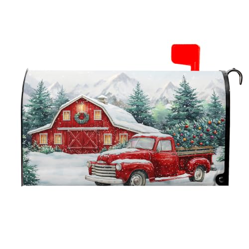 Ancordivo Christmas Red Truck Mailbox Covers Magnetic Standard Size 21 x 18 Inch Winter Holiday Forest Snow Farmhouse Pattern Mailbox Wraps Post Letter Box Cover for Garden Yard Decor
