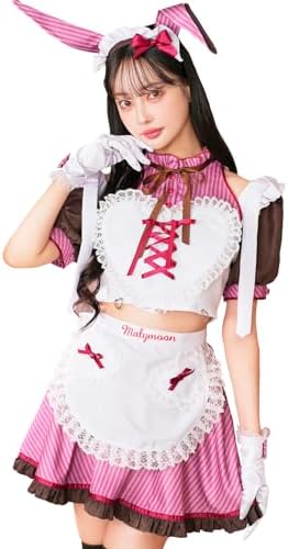 [Malymoon] コスプレ メイド バニー ストライプ バレンタイン ハート ウエイトレス セットアップ ピンク 衣装 仮装 マリームーン 6点セット 9902 詳細画像1
