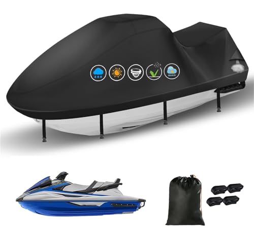 500D Jet Ski Cover Heavy Duty UV Resistant Waterproof Strip 2 3 Seater Jetski Cover Durable Marine Grade 2 Air Vents 4 Windproof Buckles Universal Jetski Cover for Yamaha Seadoo 115-120