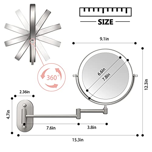 8" Led Lighted Wall Mounted Makeup Mirror Double Sided 10X Magnifying Vanity Light Up Mirror For Bathroom Shaving, Dimmable Led Lights, 3 Color Modes, Extendable Arm, Touch Control, Nickel Finish #TOP5