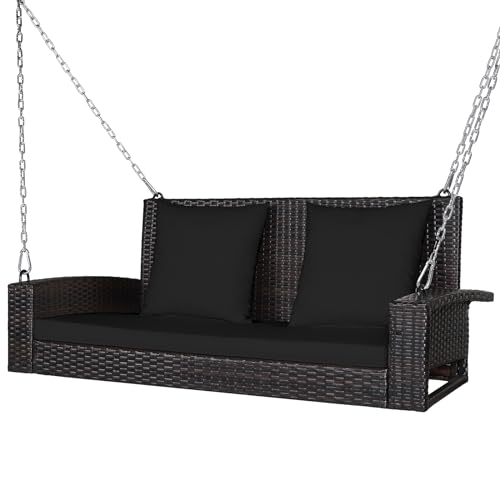 RELAX4LIFE Outdoor 2-Seater Swing Set, Rattan Swing Bench and Metal Frame with Cushions, Hanging Loveseat for Patio Garden(Swing Chair with Black Cushions)