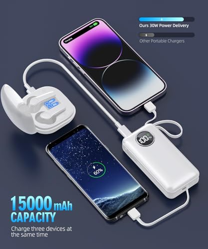Power Bank, Portable Charger 15000mAh Battery Pack Built in Output Cables Fast Charging Equipped with LED Display for Most Electronic Devices(White)