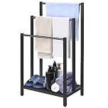 3 Tier Freestanding Towel Rack, Towel Rail Metal Ladder Towel Holder Drying Stand with 3 Towel Rails and Storage Shelf, Bathroom Accessories Organizer for Bath Storage & Hand Towels, Washcloths, Black