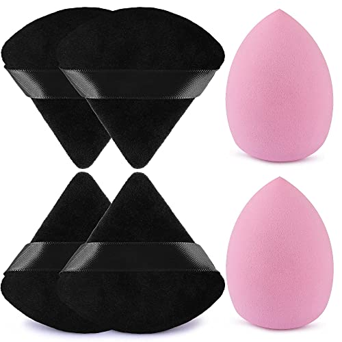 WSYUB Blenders Sponge& Powder Puff, 2pcs Beauty Makeup Sponge for Blending and 4pcs Black Triangle Velvet Powder Puff