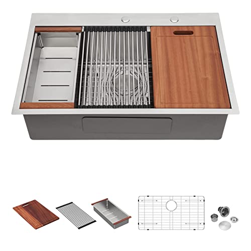 28 Drop Kitchen Sink Workstation - Sarlai 28 "X 22" Kitchen Sink Stainless Steel 16 Gauge Ledge Workstation Sink Drop-In Topmount Single Bowl Single Bowl Sink #TOP13