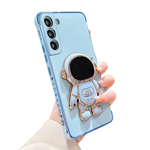 phylla Compatible with Samsung Galaxy S22+ Plus 6.6” Phone Case with Electroplated Cute Cartoon Astronaut Stand Holder Side Heart Pattern Plating Edge Bumper Soft Shockproof Kickstand Cover (Blue)