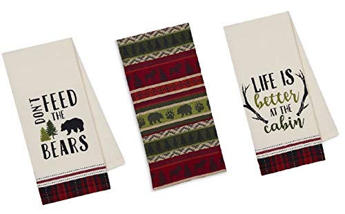 3 Cabin Lodge Themed Decorative Cotton Kitchen Towels With Bear, Antler, Deer, Moose And Paw Print | Towel Set For Dish And Hand Drying #TOP11