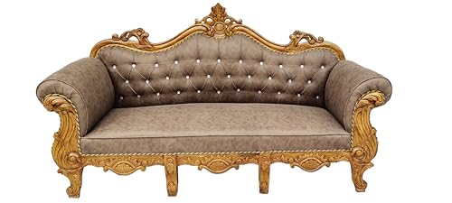 Image of Wooden 5 Seater Sofa Set | 3+ 1+1 Solid Wood Hand-Carved Brown Sofa with Gold Finish | Traditional Design Furniture for Living Room | Home | Office