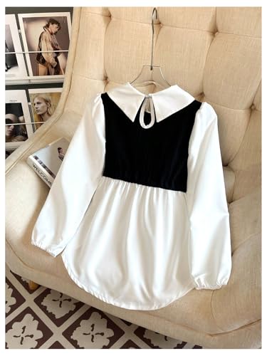 SweatyRocks Girl's Color Block Collar Blouse Button Front Ribbed Knit Long Sleeve Dress Shirts2