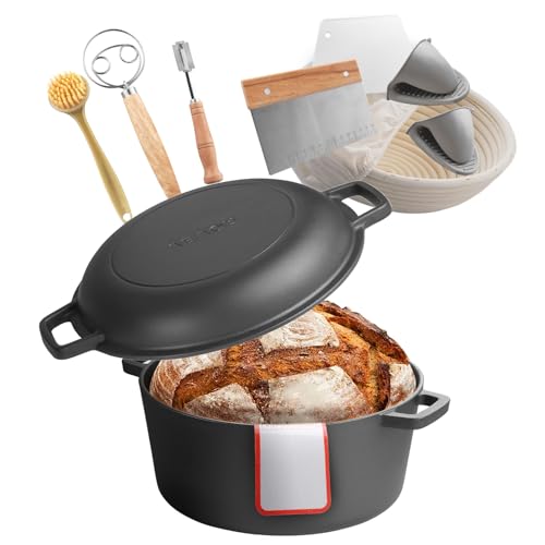 VEVOR Cocotte en fonte 2 en 1, marmite pré-assaisonnée avec couvercle et poignées, 4,73 L, diamètre 26 cm, avec panier de fermentation et accessoires de cuisson du pain, pour four à pain 260 °C, noir