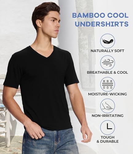 Image of BAMBOO COOL Men's Undershirts V Neck, Moisture-Wicking Soft T-Shirts 3 Pack | Stay Tucked Classic Fit Tag-Free, Softness Breathable Comfort Cooling, V-neck t shirts for men, Summer T's, Short Sleeves Tee