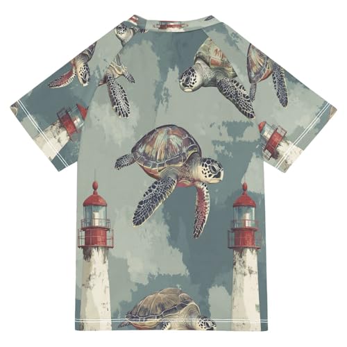 Boys Short Sleeve T-Shirts Watercolor Turtles Lighthouse Rashguard Kids Swim Shirts Sun UPF 50+2