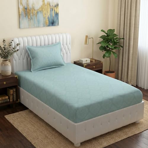 Image of Blue Strip Polycotton Fitted Bedsheet, Single 42x75 (Sky Damas) | 300 TC | All-Round Elastic Grip | Soft, Breathable & Colourfast | Wrinkle Resistant | Machine Washable