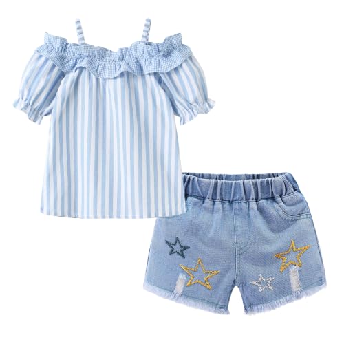 Image of Mud Kingdom Fashion Girls Outfits Off Shoulder Shirt and Shorts Ripped Casual