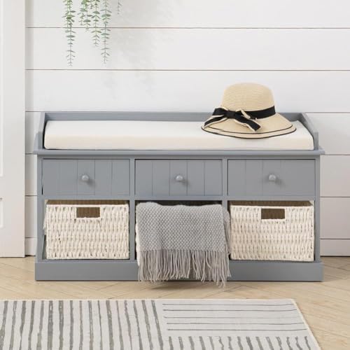 Warmiehomy Storage Bench with 3 Drawers and 3 Wicker Baskets, Padded