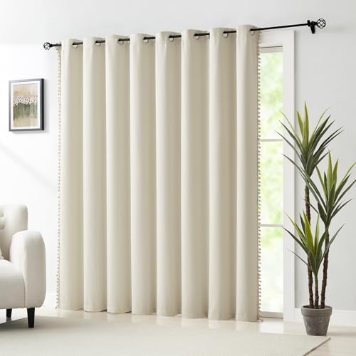 Image of Treatmentex Pom Pom Sliding Door Blackout Curtains Ivory 100 inchx 84 inch Extra Wide Patio Door Curtain Panels with Pom Poms Room Darkening Curtains Thermal Insulated Curtains 1 Panel, Natural