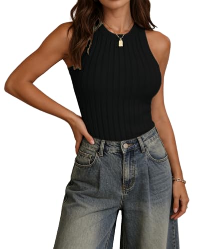 Image of INFITTY Womens Ribbed Tank Tops High Neck Slim Fitted Sleeveless Shirt Basic Knit Casual 2026 Summer Going Out Y2k Clothes