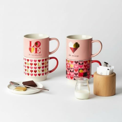 Deconox 2'li İstiflenebilir Porselen Kupa Seti - Üst Üste Duran Kalp ve Love Temalı Kule Bardak - 2 Farklı Modelden Biri (Sürpriz/Asorti) - Sevgiliye Hediye - Görsel 3