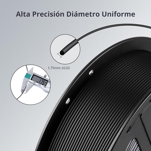 Medición precisa del diámetro del filamento de 1,75 mm con calibrador digital, mostrando la tolerancia de ±0,02 mm