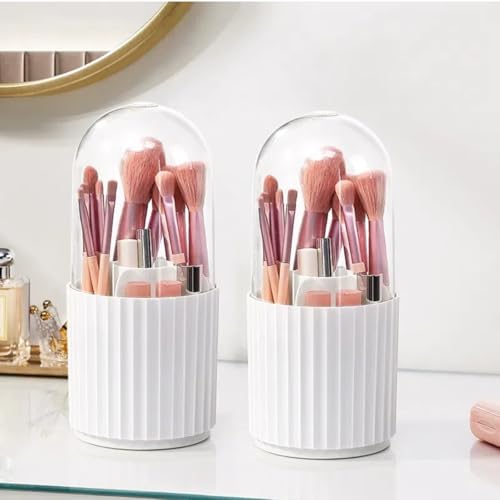 Vyloky Organizador de polvo giratorio para pinceles de maquillaje, paredes de PET transparentes y base HIPS, 10,5 cm estrecho para apartamentos pequeños, negro/blanco (dos blancos con tapa)