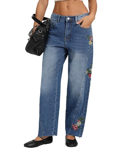 Kedera Mid Rise Barrel Jeans for Women Embroidered Wide Leg Denim Pants Boyfriend Baggy Jeans with Pockets 2025