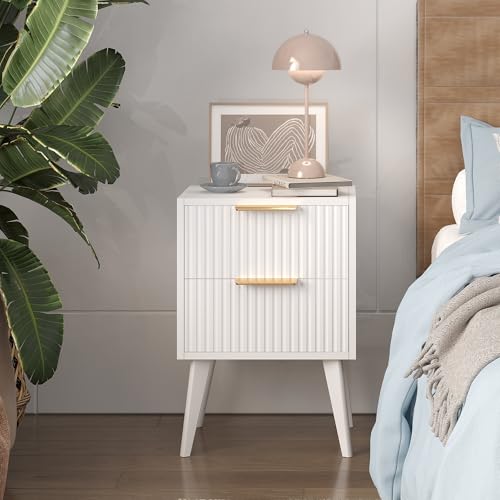 Image of YAUKOMEL Fluted Nightstand with 2 Drawers,Modern Bedside Table White