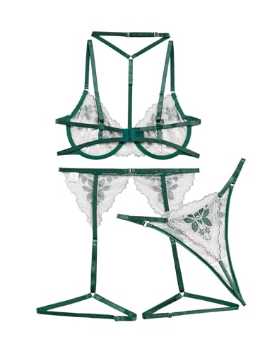 Image of Lilosy Sexy Choker Floral Lace Scallop Sheer Underwire Push Up Garter Belt Lingerie Set 3 Piece