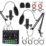 J.I.Y Paquete de equipo de podcast para 2, kit de grabación de estudio con micrófonos de condensador dual, tarjeta de sonido Bluetooth, efectos DSP, monitoreo en tiempo real, Plug & Play para