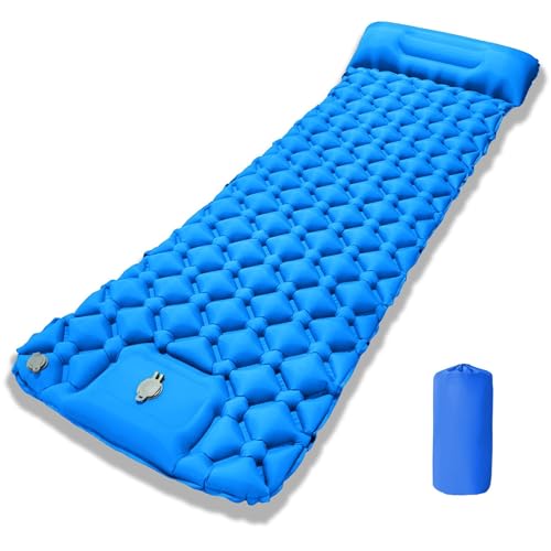 Depehelp Inflatable Sleeping Pad with Pillow, Camping-Built in Foot Pump Fast Inflation-Ultralight Upgraded Durable Compact Sleeping Mat Moisture Proof Air Mattress for Backpacking (Royal Blue)