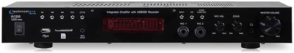 Amplificador Integrado Technical Pro de 1200 W con Doble Entrada de Micrófono de 1/4'' con Control de Volumen y Eco, Entradas USB y Tarjeta SD, Reproduce Archivos .mp3 desde Unidades USB y Tarjetas SD, Pantalla
