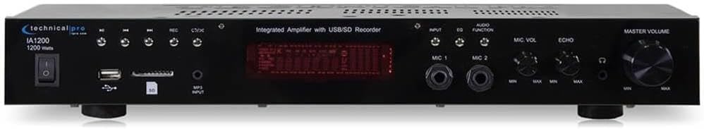 1200 Watts Integrated Amplifier with Dual 1/4 mic inputs with Volume and Echo Controls, USB and SD Card Inputs, Plays .mp3 Files from USB Drives and SD Cards, Display Screen by Technical Pro