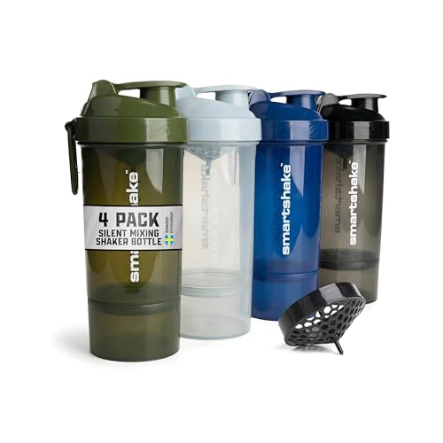Smartshake O2GO 4er-Pack Protein Shaker Flasche mit Pulverfach 600 ml | 20 oz – Auslaufsicherer Schraubdeckel – BPA frei – Unisex Gym Shaker – Nebelgrau, Armeegrün, Schwarz, Marineblau