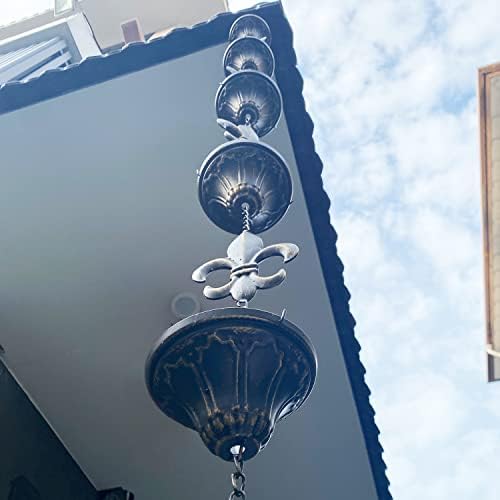AINISIS 8.5 Feet Fleur-De-Lis Rain Chain for Downspout,Large Cup Rain Catcher Chain,Black Rain Chains for Gutters for Heavy Rain with Aluminum Rain Chain Gutter Adapter