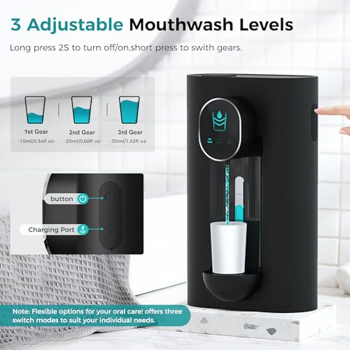 Image of Automatic Mouthwash Dispenser 18.26 oz Touchless Mouthwash Dispenser for Bathroom Magnetic Cup Rechargeable and 3 Dispensing Levels with Led Screen Wall-Mounted or Countertop Use-2 Pack(Black+White)